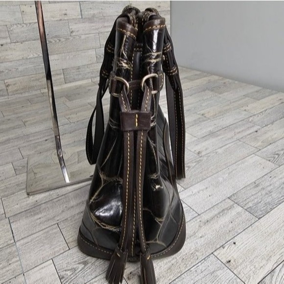 Dooney & Bourke Brown Crocodile Embossed Double Strap Tassel Bag - Picture 4 of 10